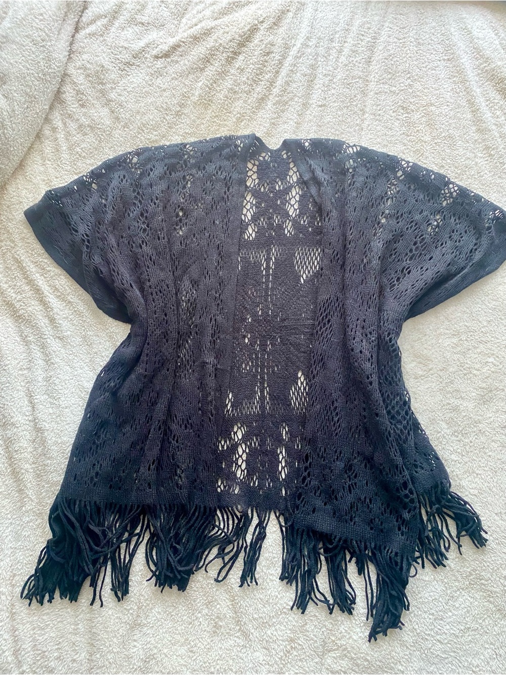 Quiet Luxury Black Open-Knit Fringe Women's Sweater Cardigan - Western Autumn